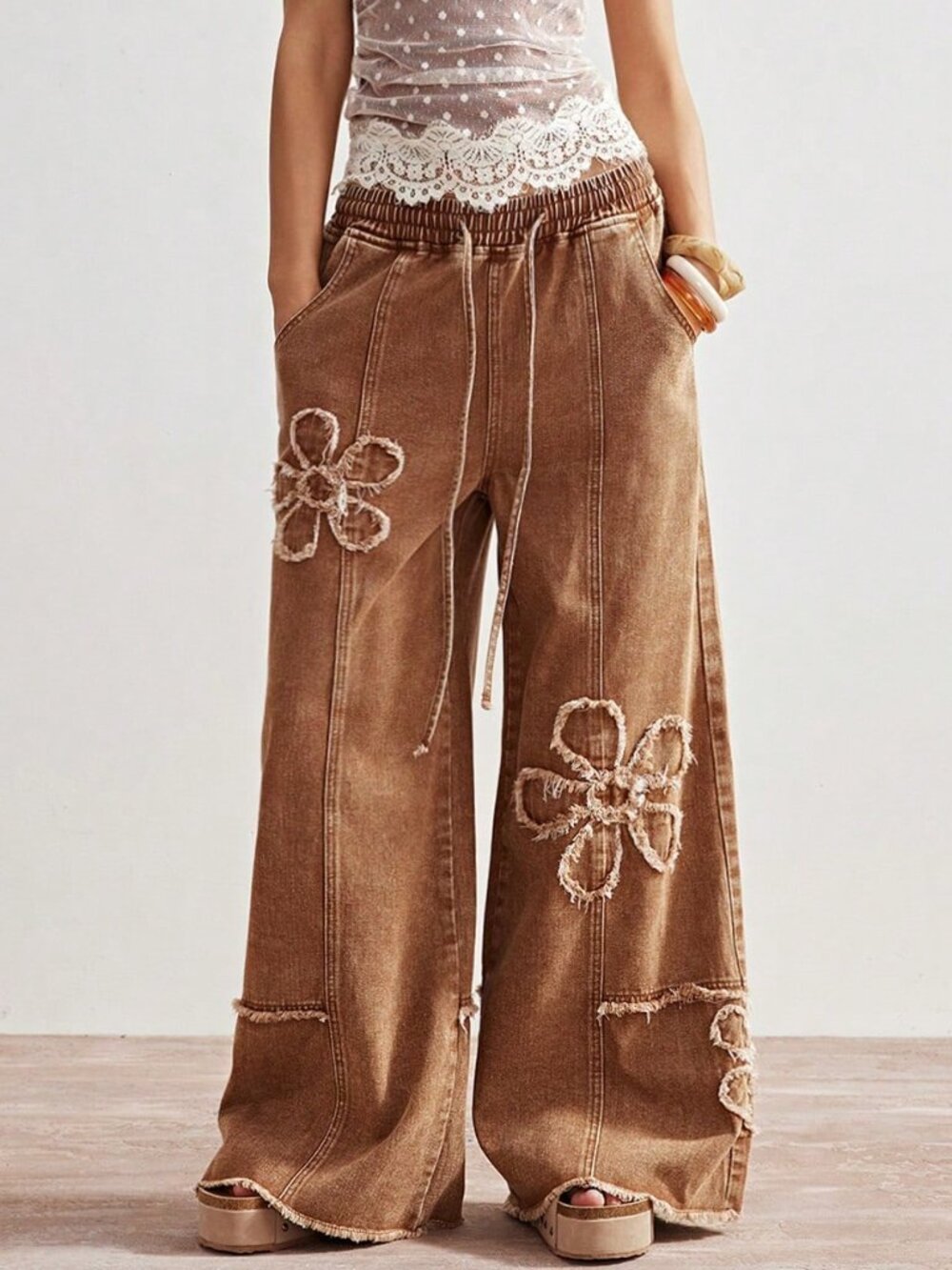 Brown Casual Women's Wide Leg Pants With Plant Patches And Pockets - Picture 9 of 9